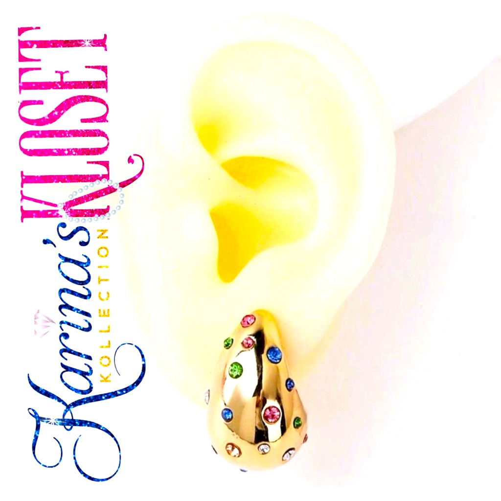 Pave Multicolored Diamant Teardrop Gold Plated Stainless Steel Earrings